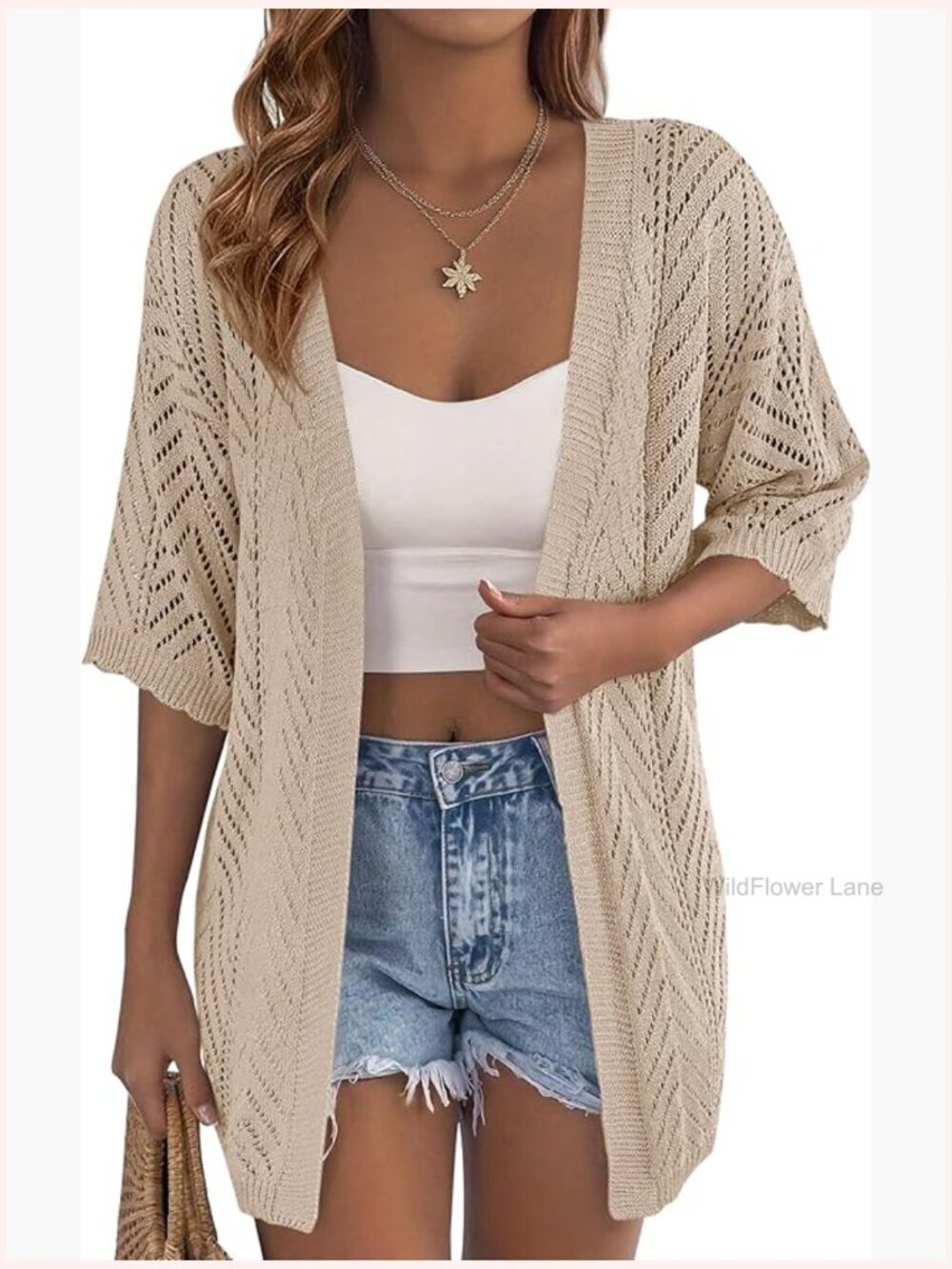 Lightweight Crochet Knit Cardigan Short Sleeve Open Front Boho Beach Cover Up